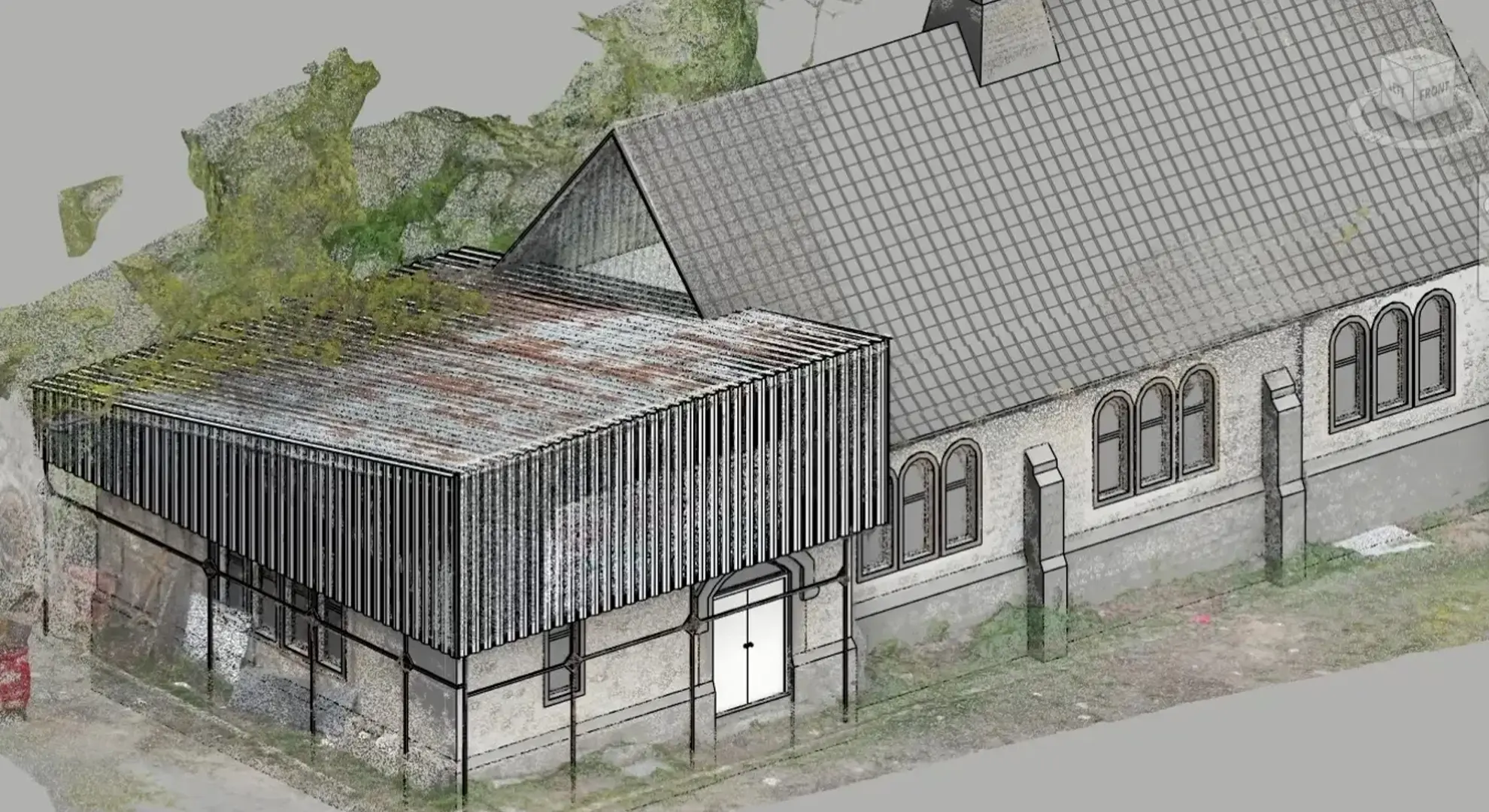 3D point cloud model of a stone building with a corrugated metal addition and arched windows